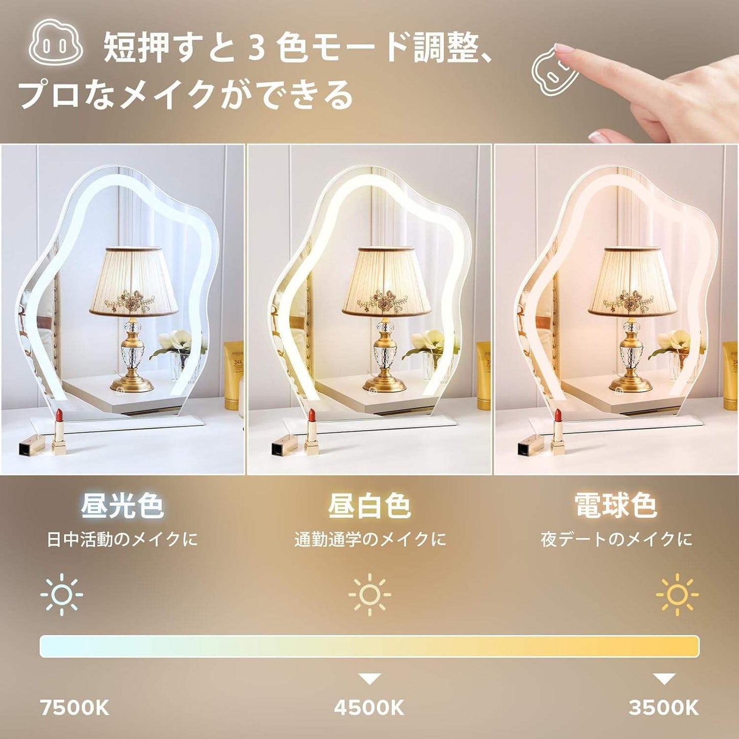 FENCHILIN 女優ミラー ライト付き 鏡 卓上 ハリウッドミラー 化粧鏡 三色照明モード 無段階調光 10倍拡大鏡付き くも型