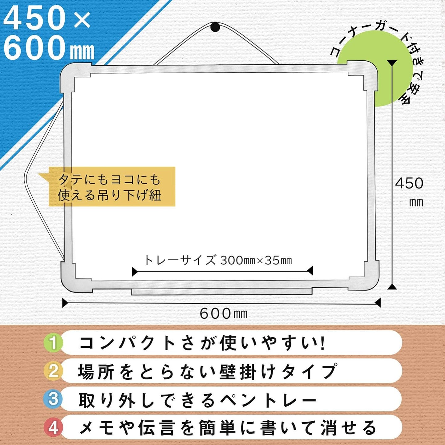 サンケーキコム ホワイトボード 樹脂枠 無地 600mm×450mm タテヨコ兼用