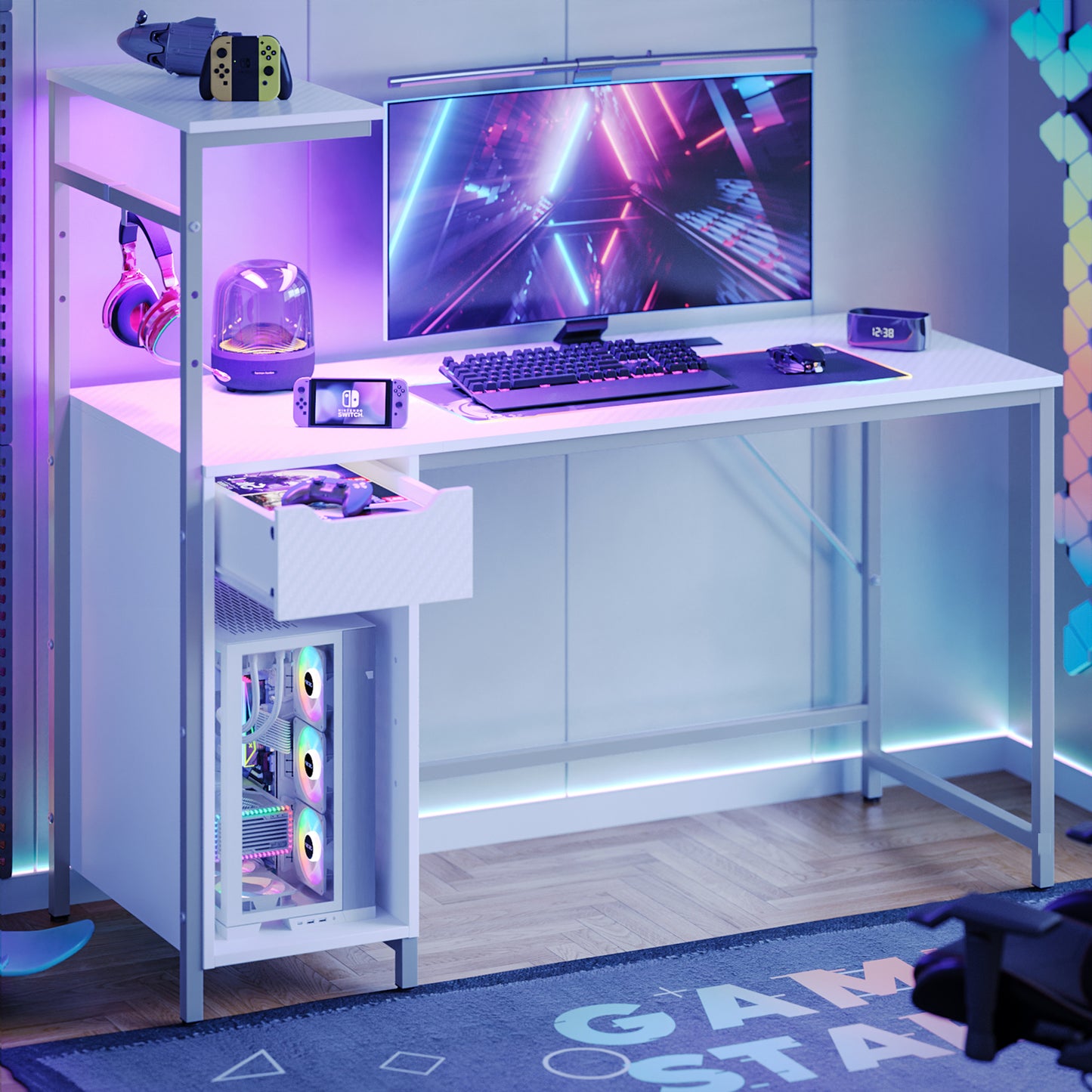 Bestier パソコンデスク pcデスク 幅122cm デスク 引き出し収納 LEDライト付き