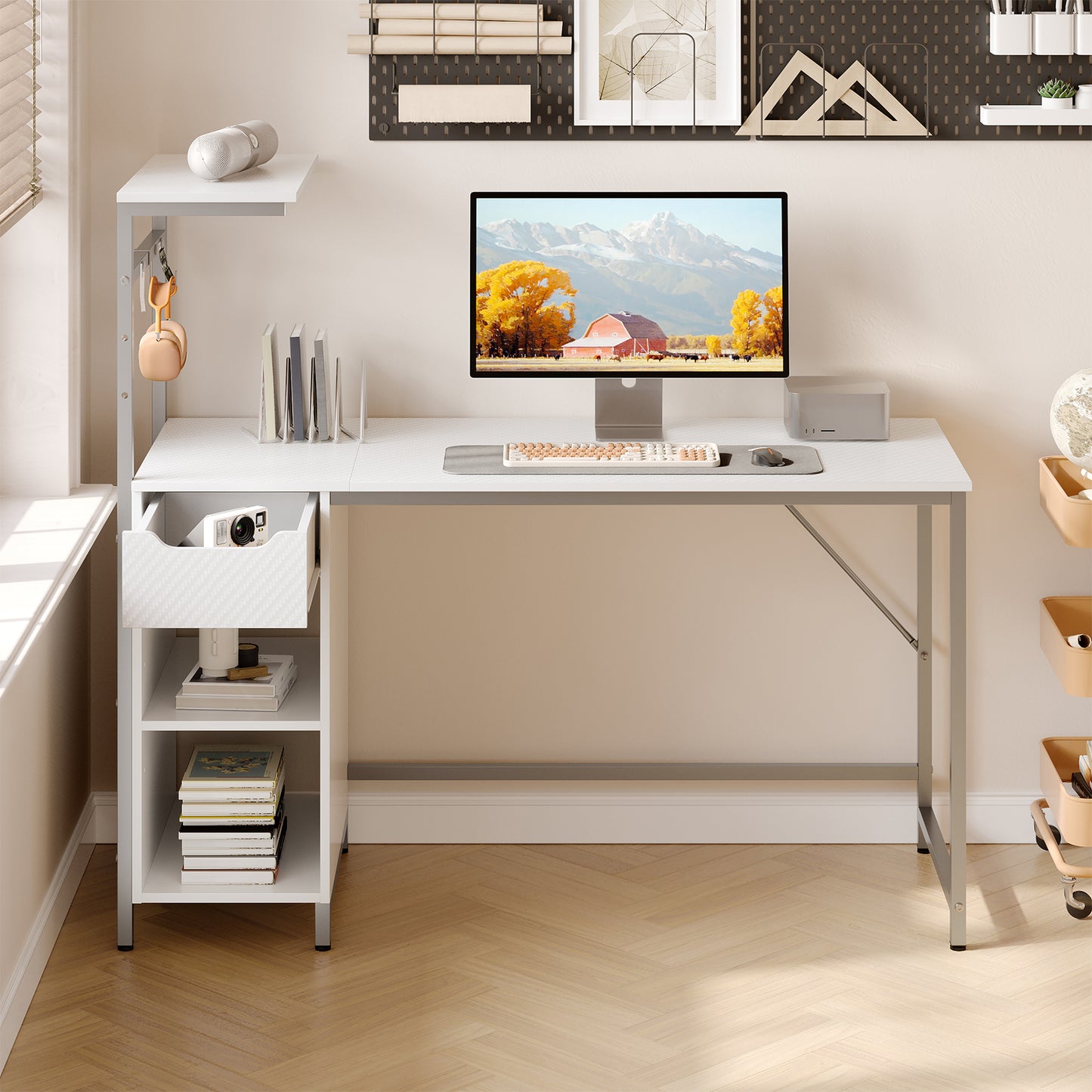 Bestier パソコンデスク pcデスク 幅122cm デスク 引き出し収納 LEDライト付き