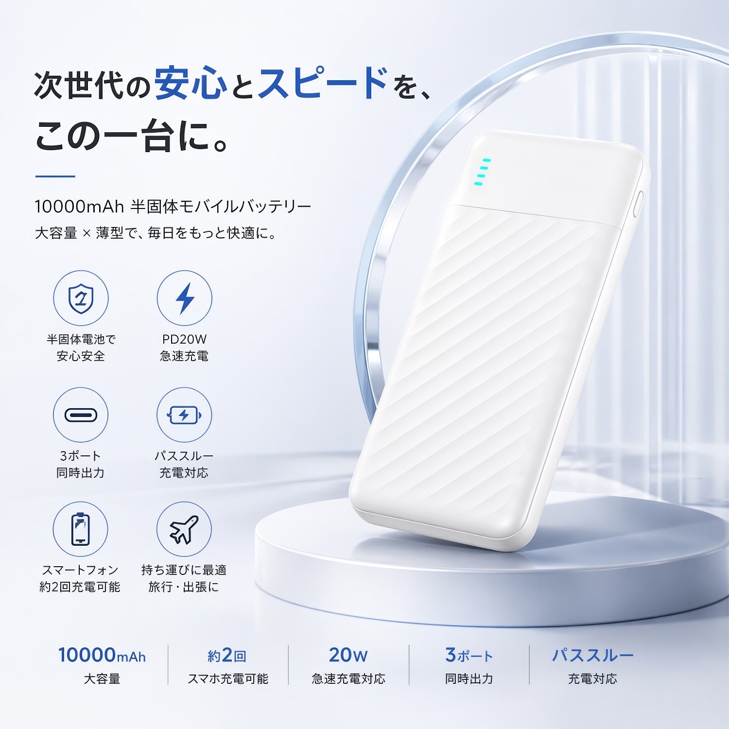 半固体電池 モバイルバッテリー 10000mAh PD20W急速充電 パススルー充電対応 発火リスク低減 約2000回長寿命 USB-C×2 USB-A×1 3台同時充電 LED残量表示 2年保証