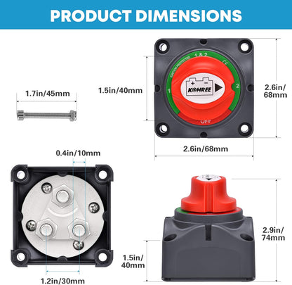 Kohree バッテリー切断スイッチ 12V-48V 切換スイッチ 防水 バッテリーアイソレーター 200A バッテリーキルスイッチ 車用 トラック 船舶 マリンボート 保護電源 漏電防止 1-2-両方オフ