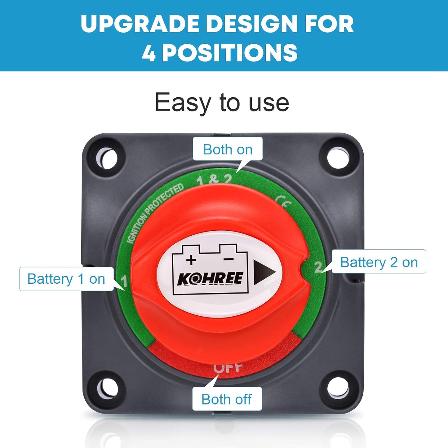 Kohree バッテリー切断スイッチ 12V-48V 切換スイッチ 防水 バッテリーアイソレーター 200A バッテリーキルスイッチ 車用 トラック 船舶 マリンボート 保護電源 漏電防止 1-2-両方オフ