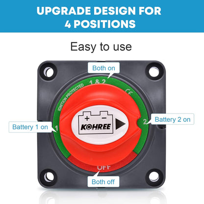 Kohree バッテリー切断スイッチ 12V-48V 切換スイッチ 防水 バッテリーアイソレーター 200A バッテリーキルスイッチ 車用 トラック 船舶 マリンボート 保護電源 漏電防止 1-2-両方オフ