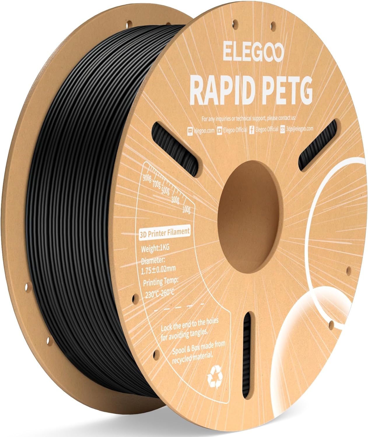 ELEGOO 高速 PETG フィラメント 1.75mm 黒色 印刷速度30-600mm/s対応 RAPID PETG フィラメント 3D プリンター用フィラメント 寸法精度±0.02mm ほとんどのFDMプリンターに対応 (1KG/スプール 2.2 lbs)