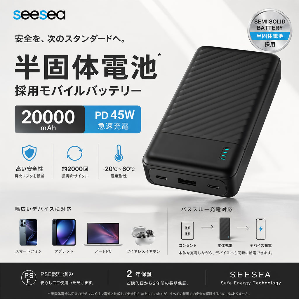 モバイルバッテリー 20000mAh 半固体電池 PD45W 急速充電 Type-C×2 ノートPC充電対応 パススルー充電 PSE認証済 3台同時充電 大容量 軽量 防災 ASB-AS200