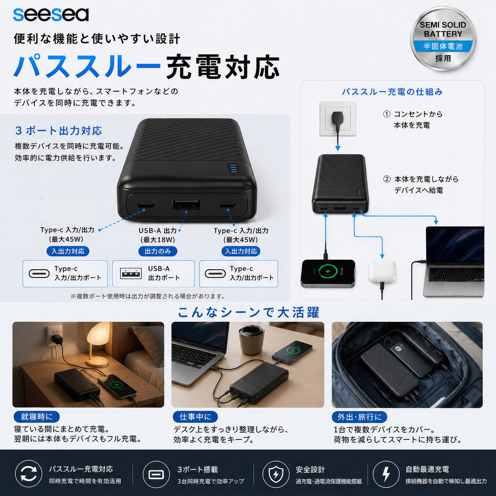 モバイルバッテリー 20000mAh 半固体電池 PD45W 急速充電 Type-C×2 ノートPC充電対応 パススルー充電 PSE認証済 3台同時充電 大容量 軽量 防災 ASB-AS200
