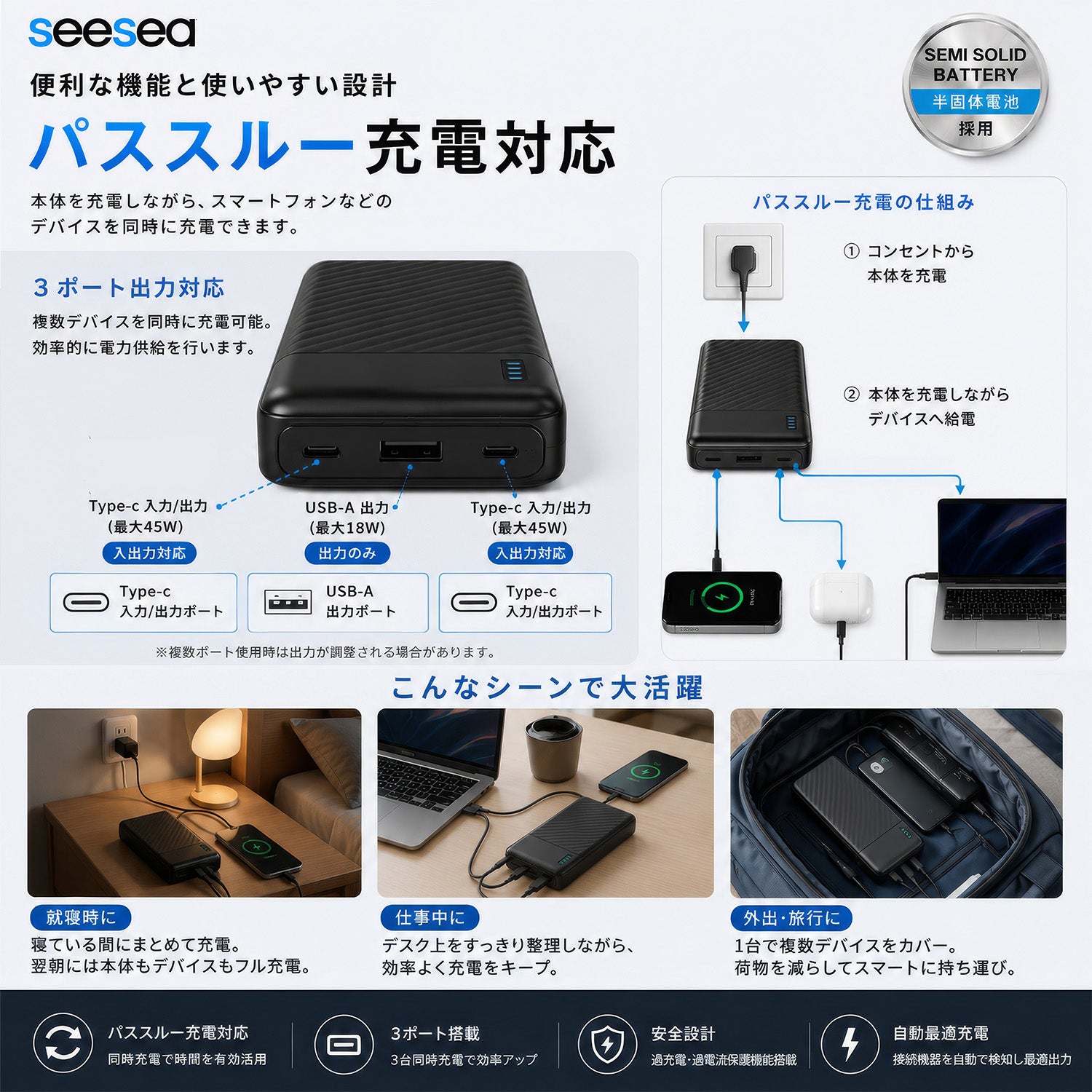 モバイルバッテリー 20000mAh 半固体電池 PD45W 急速充電 Type-C×2 ノートPC充電対応 パススルー充電 PSE認証済 3台同時充電 大容量 軽量 防災 ASB-AS200