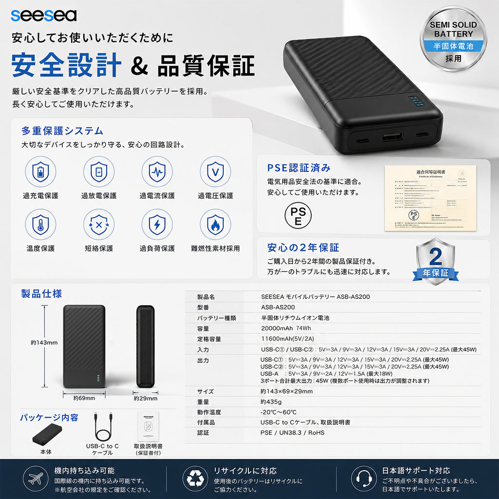モバイルバッテリー 20000mAh 半固体電池 PD45W 急速充電 Type-C×2 ノートPC充電対応 パススルー充電 PSE認証済 3台同時充電 大容量 軽量 防災 ASB-AS200